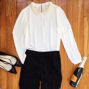 LOFT Cream Long Sleeve Blouse with Pearl Collar